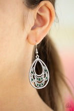 Load image into Gallery viewer, Dotted in dainty green rhinestones, studded silver petals layer into an ornate silver teardrop for a whimsical look. Earring attaches to a standard fishhook fitting.  Sold as one pair of earrings.   Always nickel and lead free. 