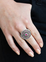 Load image into Gallery viewer, Glittery pink rhinestones are sprinkled across a shimmery floral center, creating a whimsical mandala-like frame atop the finger. Features a stretchy band for a flexible fit.  Sold as one individual ring.  