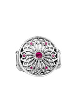 Load image into Gallery viewer, Glittery pink rhinestones are sprinkled across a shimmery floral center, creating a whimsical mandala-like frame atop the finger. Features a stretchy band for a flexible fit.  Sold as one individual ring.