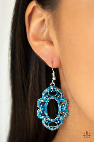 Brushed in a refreshing blue finish, a studded silver filigree filled frame swings from the ear for a whimsical look. Earring attaches to a standard fishhook fitting.  Sold as one pair of earrings.  Always nickel and lead free.