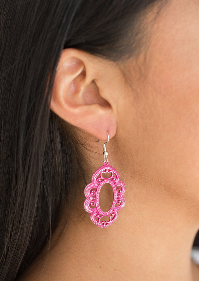 Brushed in a vivacious pink finish, a studded silver filigree filled frame swings from the ear for a whimsical look. Earring attaches to a standard fishhook fitting.  Sold as one pair of earrings. 