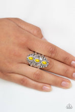 Load image into Gallery viewer, &lt;p&gt;Three dainty yellow beads stack along the center of an ornate silver frame embossed in shimmery geometric patterns for a bold tribal look. Features a stretchy band for a flexible fit.&lt;/p&gt; &lt;p&gt;&lt;i&gt;Sold as one individual ring.&lt;/i&gt;&lt;/p&gt; &lt;p&gt;&lt;em&gt;&lt;strong&gt;Always nickel and lead free.&lt;/strong&gt;&lt;/em&gt;&lt;/p&gt; &lt;p&gt;&lt;em&gt;&lt;strong&gt;Fashion Fix Exclusive&lt;/strong&gt;&lt;/em&gt;&lt;/p&gt;