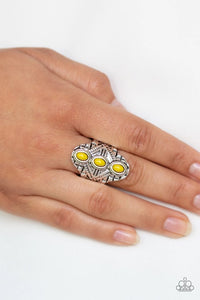 <p>Three dainty yellow beads stack along the center of an ornate silver frame embossed in shimmery geometric patterns for a bold tribal look. Features a stretchy band for a flexible fit.</p> <p><i>Sold as one individual ring.</i></p> <p><em><strong>Always nickel and lead free.</strong></em></p> <p><em><strong>Fashion Fix Exclusive</strong></em></p>