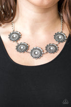 Load image into Gallery viewer, Infused with shiny white beaded centers, ornate floral stamped frames link below the collar for a colorfully, seasonal look. Features an adjustable clasp closure.  Sold as one individual necklace. Includes one pair of matching earrings.  Always nickel and lead free.