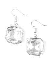 Load image into Gallery viewer, A faceted white gem is pressed into a glistening silver frame for a dramatic look. Earring attaches to a standard fishhook fitting. Sold as one pair of earrings.