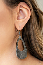 Load image into Gallery viewer, Rippling with tactile texture, an abstract gunmetal teardrop swings from the ear for a casual look. Earring attaches to a standard fishhook fitting.  Sold as one pair of earrings.  Always nickel and lead free. 