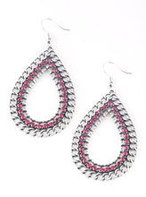 Load image into Gallery viewer, Antiqued chain links spin around a row of glittery pink rhinestones, coalescing into an edgy silver teardrop. Earring attaches to a standard fishhook fitting.  Sold as one pair of earrings.