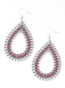 Antiqued chain links spin around a row of glittery pink rhinestones, coalescing into an edgy silver teardrop. Earring attaches to a standard fishhook fitting.  Sold as one pair of earrings.
