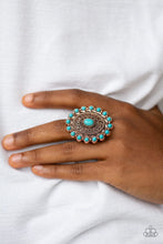 Load image into Gallery viewer, Embossed in dizzying floral details, a shimmery copper frame is dotted with refreshing turquoise stone accents for a seasonal look. Features a stretchy band for a flexible fit.  Sold as one individual ring.  Always nickel and lead free