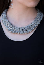 Load image into Gallery viewer, Brushed in a flashy shimmer, metallic seed beads braid into an indigenous braid below the collar for a seasonal look. Features an adjustable clasp closure.  Sold as one individual necklace. Includes one pair of matching earrings.  Always nickel and lead free.