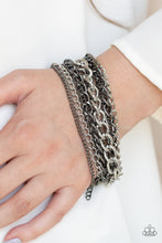 Load image into Gallery viewer, An assortment of mismatched gunmetal and silver chains have been strung between two hammered gunmetal fittings, creating edgy layers around the wrist. Features an adjustable clasp closure.  Sold as one individual bracelet.  Always nickel and lead free.