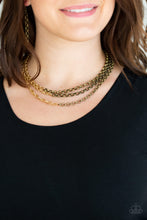 Load image into Gallery viewer, Strung between two brass fittings, glistening brass chains collide with shimmery gold chains below the collar, creating edgy mixed metallic layers. Features an adjustable clasp closure.  Sold as one individual necklace. Includes one pair of matching earrings.  Always nickel and lead free. 