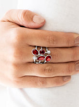 Load image into Gallery viewer, Varying in shape and cut, glassy white rhinestones and glittery red rhinestones tumble down the center of layered silver bands for an edgy look. Features a stretchy band for a flexible fit.  Sold as one individual ring.  Always nickel and lead free.
