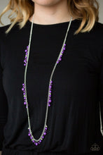 Load image into Gallery viewer, Sections of shiny silver, polished purple, and glassy beads trickle along a shimmery silver chain along the chest for a flirtatious look. Features an adjustable clasp closure.  Sold as one individual necklace. Includes one pair of matching earrings.  Always nickel and lead free.  Item #P2WH-PRXX-357XX
