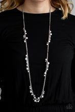 Load image into Gallery viewer, Sections of shiny silver, polished white, and glassy beads trickle along a shimmery silver chain along the chest for a flirtatious look. Features an adjustable clasp closure.  Sold as one individual necklace. Includes one pair of matching earrings.  Always nickel and lead free.