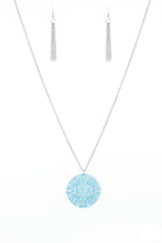 Load image into Gallery viewer, Brushed in a refreshing blue finish, a filigree filled pendant swings from the bottom of a lengthened silver chain for a seasonal look. Features an adjustable clasp closure.  Sold as one individual necklace. Includes one pair of matching earrings.