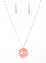 Load image into Gallery viewer, Brushed in a refreshing coral finish, a filigree filled pendant swings from the bottom of a lengthened silver chain for a seasonal look. Features an adjustable clasp closure.  Sold as one individual necklace. Includes one pair of matching earrings