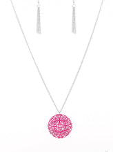 Load image into Gallery viewer, Brushed in a flirty Pink Peacock finish, a filigree filled pendant swings from the bottom of a lengthened silver chain for a seasonal look. Features an adjustable clasp closure.  Sold as one individual necklace. Includes one pair of matching earrings.