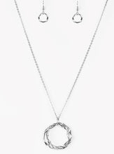 Load image into Gallery viewer, Twirling silver hoops swing from the bottom of an elegantly elongated silver chain, creating a dizzying pendant. Features an adjustable clasp closure.  Sold as one individual necklace. Includes one pair of matching earrings.