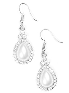A pearly white teardrop bead is pressed into a white rhinestone encrusted frame, creating a timeless lure. Earring attaches to a standard fishhook fitting.  Sold as one pair of earrings.