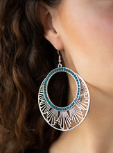 Load image into Gallery viewer, An airy geometric fringe flares out from the bottom of a ring of glittery blue rhinestones for an edgy tribal look. Earring attaches to a standard fishhook fitting.  Sold as one pair of earrings.  