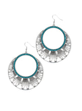 Load image into Gallery viewer, An airy geometric fringe flares out from the bottom of a ring of glittery blue rhinestones for an edgy tribal look. Earring attaches to a standard fishhook fitting.  Sold as one pair of earrings.