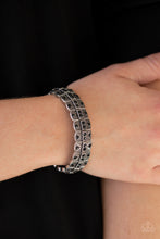 Load image into Gallery viewer, Encrusted in glittery black rhinestones, ornately studded silver frames are threaded along stretchy bands for an edgy-glamorous look.  Sold as one individual bracelet.  Always nickel and lead free.