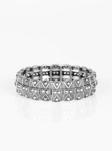 Load image into Gallery viewer, Encrusted in glittery hematite rhinestones, ornately studded silver frames are threaded along stretchy bands for an edgy-glamorous look. Sold as one individual bracelet.