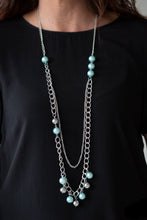 Load image into Gallery viewer, Colorful blue pearls trickle along doubled strands of glistening silver chain, creating refined layers across the chest. Features an adjustable clasp closure.  Sold as one individual necklace. Includes one pair of matching earrings.  Always nickel and lead free.  Exclusive Summer 2019 Party Pack Item 