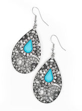 Load image into Gallery viewer, Ringed in glassy white rhinestones, a teardrop blue bead is pressed into a shimmery silver frame radiating with airy filigree for a refined fashion. Earring attaches to a standard fishhook fitting.  Sold as one pair of earrings.