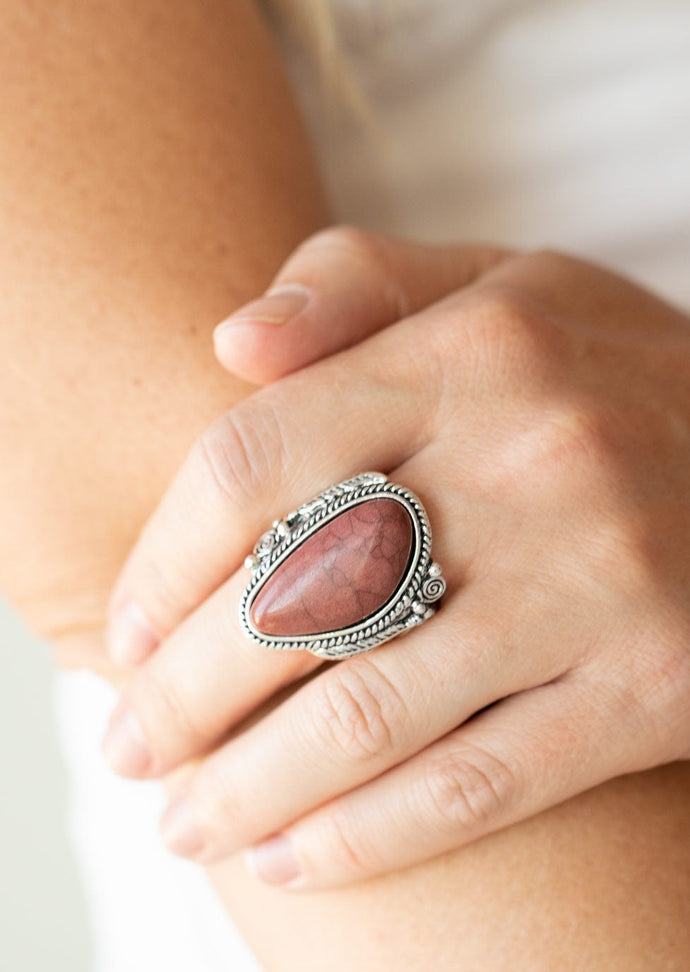 An asymmetrical brown stone is nestled inside of an ornate silver frame flanked by silver swirling frames and dainty silver feather charms for a whimsical look. Features a stretchy band for a flexible fit.  Sold as one individual ring.