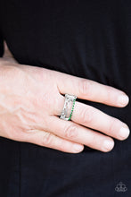 Load image into Gallery viewer, Two skinny silver bars arc across the finger, creating a dainty band. Diamond-shaped frames dance along the frame below a row of glittery green rhinestones for a refined finish. Features a stretchy band for a flexible fit.  Sold as one individual ring.  Always nickel and lead free.