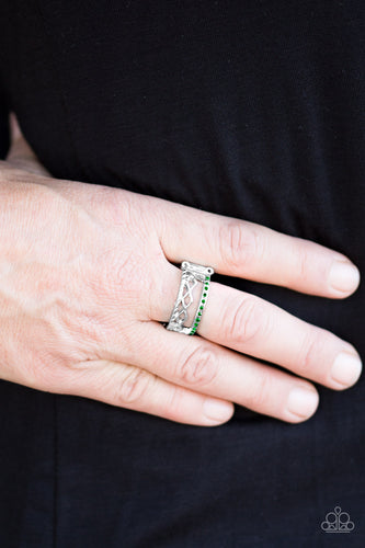 Two skinny silver bars arc across the finger, creating a dainty band. Diamond-shaped frames dance along the frame below a row of glittery green rhinestones for a refined finish. Features a stretchy band for a flexible fit.  Sold as one individual ring.  Always nickel and lead free.