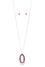 Load image into Gallery viewer, Ringed in a studded silver frame, glittery pink and hematite rhinestones collect into a glamorous pendant at the bottom of a lengthened silver chain for a refined flair. Features an adjustable clasp closure.  Sold as one individual necklace. Includes one pair of matching earrings.