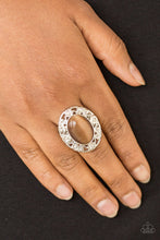 Load image into Gallery viewer, Shimmery floral-like filigree swirls around a glowing brown moonstone center, creating a whimsical centerpiece atop the finger. Features a stretchy band for a flexible fit.  Sold as one individual ring.  Always nickel and lead free.
