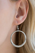 Load image into Gallery viewer, The bottom of a glistening silver hoop is encrusted in white rhinestones, creating a bubbly frame. Earring attaches to a standard fishhook fitting.  Sold as one pair of earrings.  Always nickel and lead free.