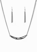 Load image into Gallery viewer, Dotted and hammered silver bars crisscross below the collar, coalescing into an edgy crescent-shaped pendant. Features an adjustable clasp closure.  Sold as one individual necklace. Includes one pair of matching earrings.