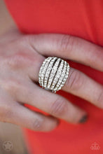 Load image into Gallery viewer, Row after row of incandescent white rhinestones stack into a dazzling display. The gorgeous rounded bands and undeniable sparkle create a regal statement piece. Features a stretchy band for a flexible fit.  Sold as one individual ring.  Always nickel and lead free.