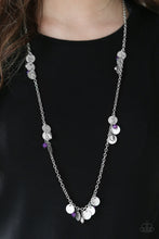 Load image into Gallery viewer, Delicately hammered in blinding shimmer, glittery silver discs join purple crystal-like beading along a shiny silver chain for a whimsical look. Features an adjustable clasp closure.  Sold as one individual necklace. Includes one pair of matching earrings.  