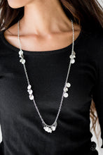 Load image into Gallery viewer, Delicately hammered in blinding shimmer, glittery silver discs join gray crystal-like beading along a shiny silver chain for a whimsical look. Features an adjustable clasp closure.  Sold as one individual necklace. Includes one pair of matching earrings.