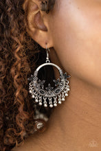 Load image into Gallery viewer, Dainty black beads are sprinkled along ornate frames that have been pressed into the bottom of a textured silver hoop. Imperfect silver beads swing from the bottom of the seasonal frame, creating a whimsical fringe. Earring attaches to a standard fishhook fitting.  Sold as one pair of earrings.  Always nickel and lead free.
