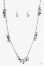 Load image into Gallery viewer, Delicately hammered in blinding shimmer, glittery silver discs join purple crystal-like beading along a shiny silver chain for a whimsical look. Features an adjustable clasp closure.  Sold as one individual necklace. Includes one pair of matching earrings.