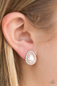 Glittery white rhinestones spin around a pearly teardrop center, creating a timeless palette. Earring attaches to a standard clip-on fitting.  Sold as one pair of clip-on earrings.  Always nickel and lead free.