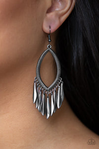 Flared gunmetal frames swing from the bottom of a textured marquise-shaped frame, creating an edgy fringe. Earring attaches to a standard fishhook fitting.  Sold as one pair of earrings.  Always nickel and lead free.