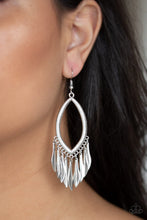 Load image into Gallery viewer, Flared silver frames swing from the bottom of a textured marquise-shaped frame, creating an edgy fringe. Earring attaches to a standard fishhook fitting.  Sold as one pair of earrings.  Always nickel and lead free. 