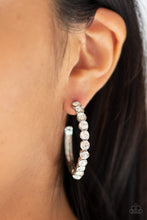 Load image into Gallery viewer, As if dipped in glitter, the front of a glistening silver hoop is encrusted in glassy white rhinestones for a refined look. Earring attaches to a standard post fitting. Hoop measures 1 1/2&quot; in diameter.  Sold as one pair of hoop earrings..  Always nickel and lead free.