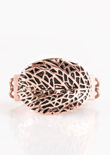 Load image into Gallery viewer, Brushed in an antiqued shimmer, a lifelike copper leaf curls across the finger in a seasonal fashion. Features a dainty stretchy band for a flexible fit.  Sold as one individual ring.