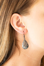 Load image into Gallery viewer, Brushed in a high-sheen shimmer, delicately hammered filigree climbs a dainty gunmetal teardrop for a whimsical look. Earring attaches to a standard fishhook fitting.  Sold as one pair of earrings.  Always nickel and lead free. 