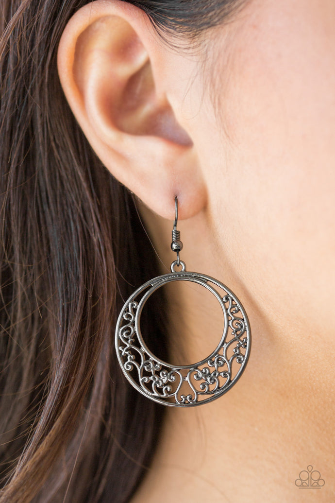 Brushed in a glistening finish, vine-like filigree climbs an airy gunmetal frame for a seasonal look. Earring attaches to a standard fishhook fitting.  Sold as one pair of earrings.  Always nickel and lead free.
