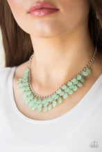 Load image into Gallery viewer, Rows of refreshing green teardrops cascade from the bottom of a shimmery silver chain, creating a flirty fringe below the collar. Features an adjustable clasp closure.  Sold as one individual necklace. Includes one pair of matching earrings.